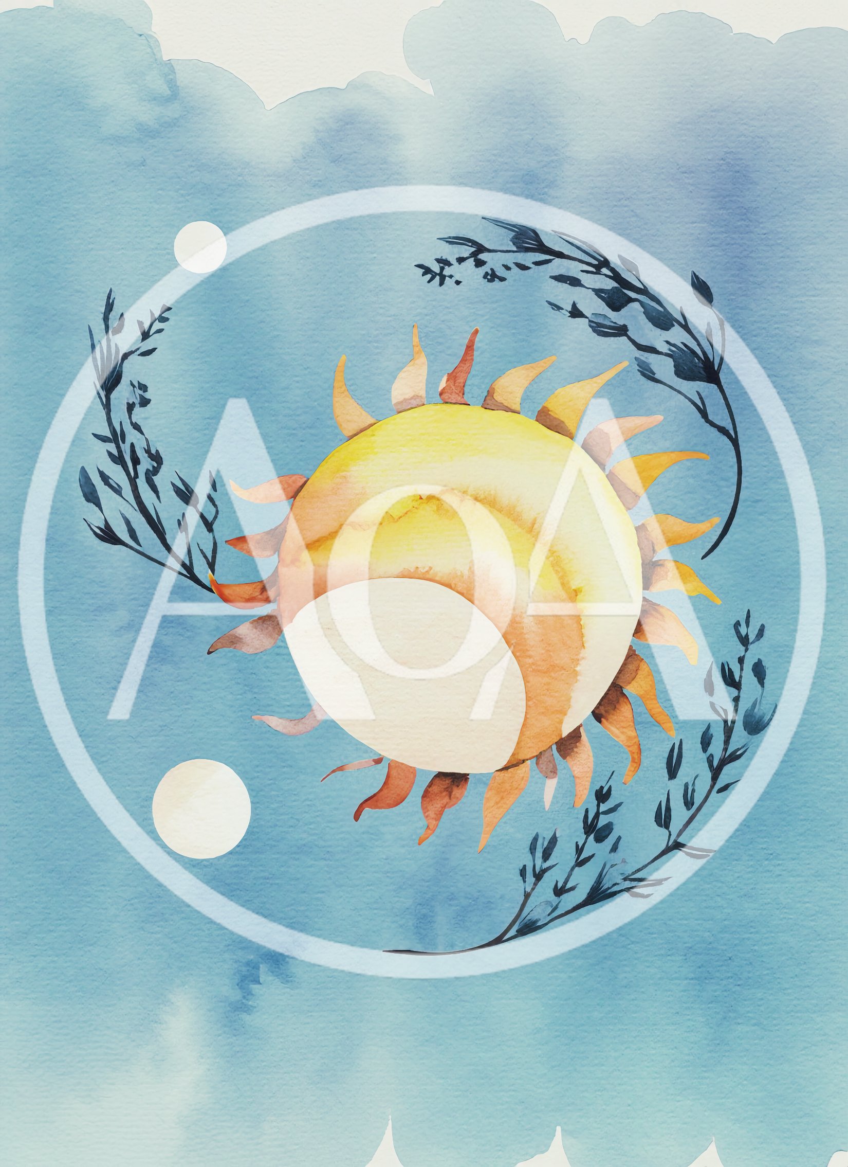 Watercolor Illustration Of A Stylized Sun And Foliage