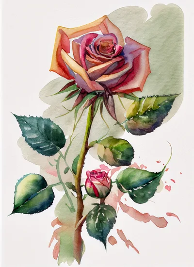 Watercolor Painting Of A Blooming Rose And Bud