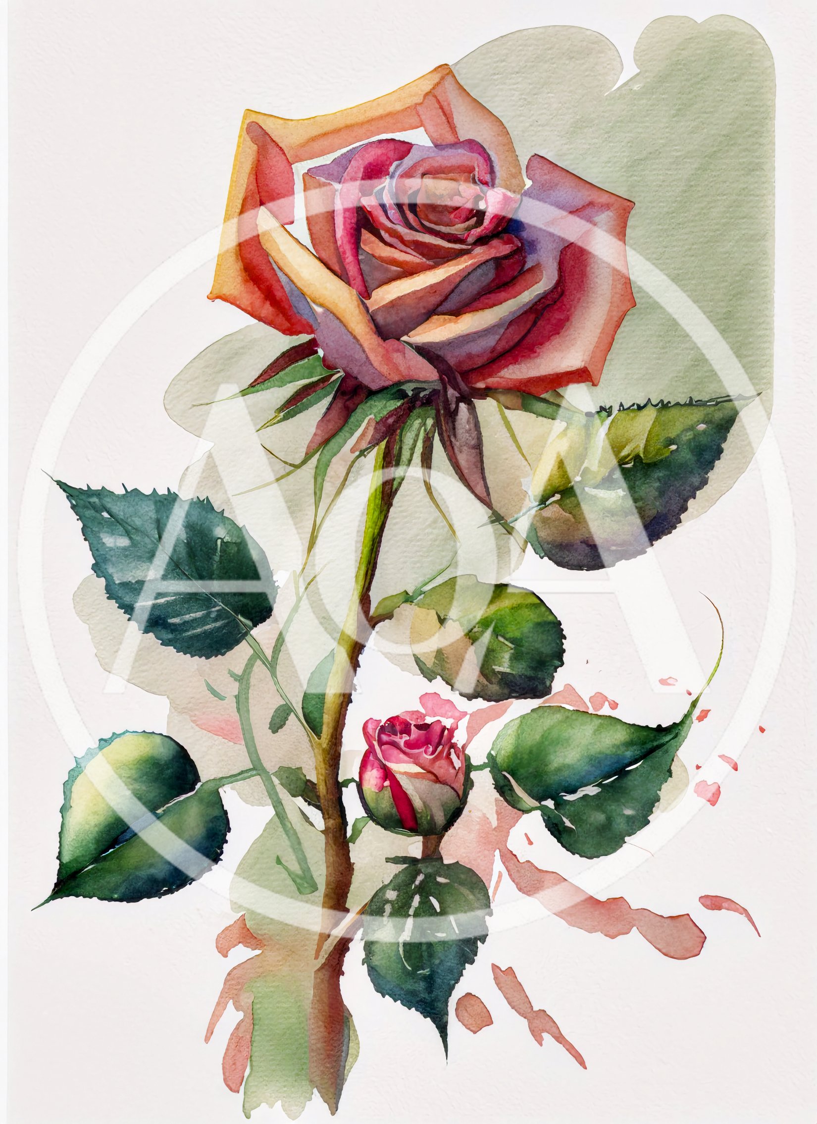 Watercolor Painting Of A Blooming Rose And Bud