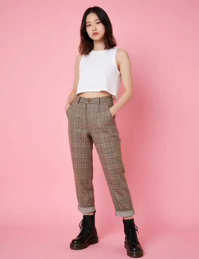 Young Woman Posing In Plaid Trousers And Crop Top