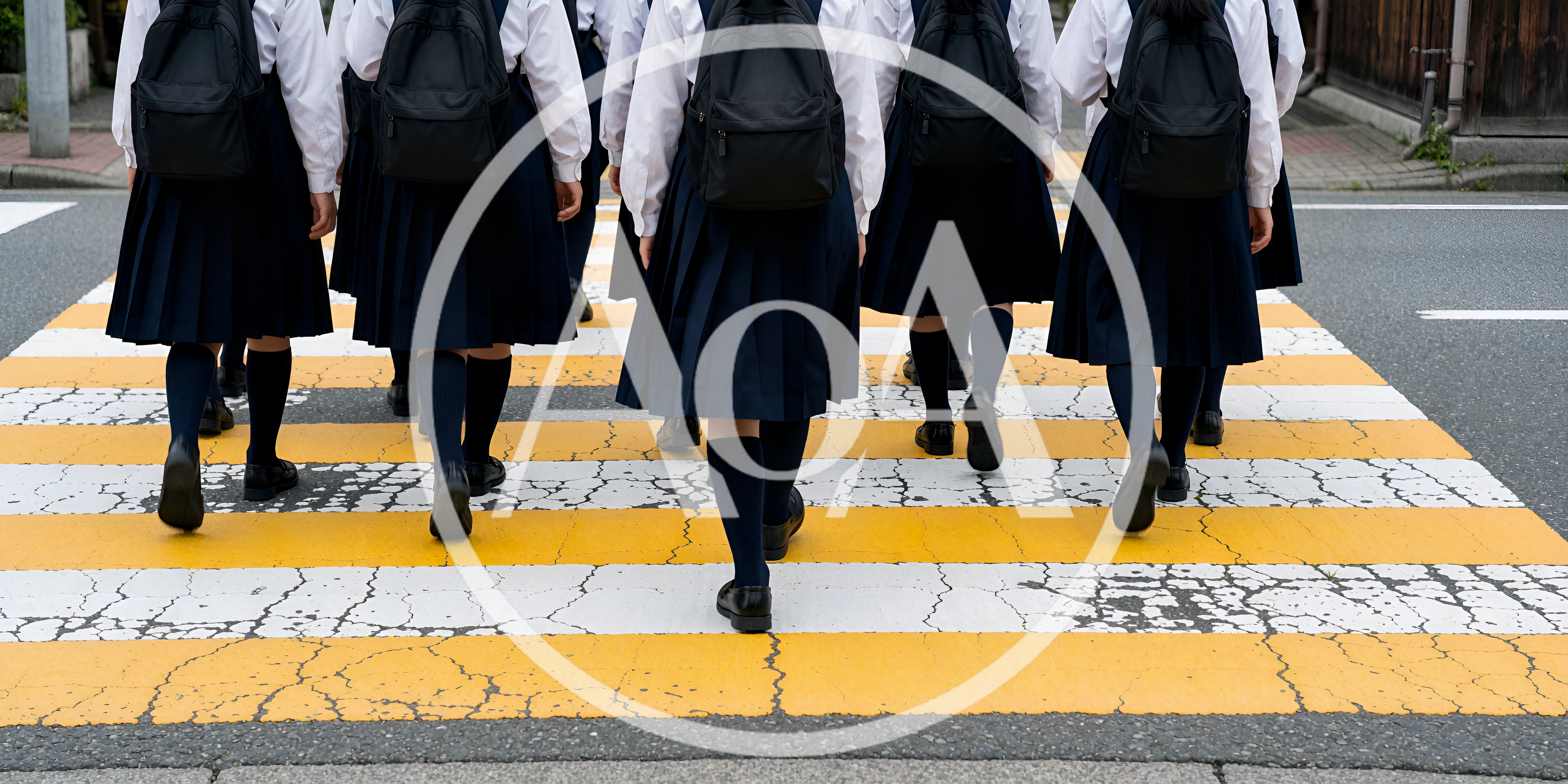 Japanese Schoolgirls Walking Across A Pedestrian Crosswalk