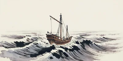 Traditional Ink Wash Painting Of A Sailing Ship