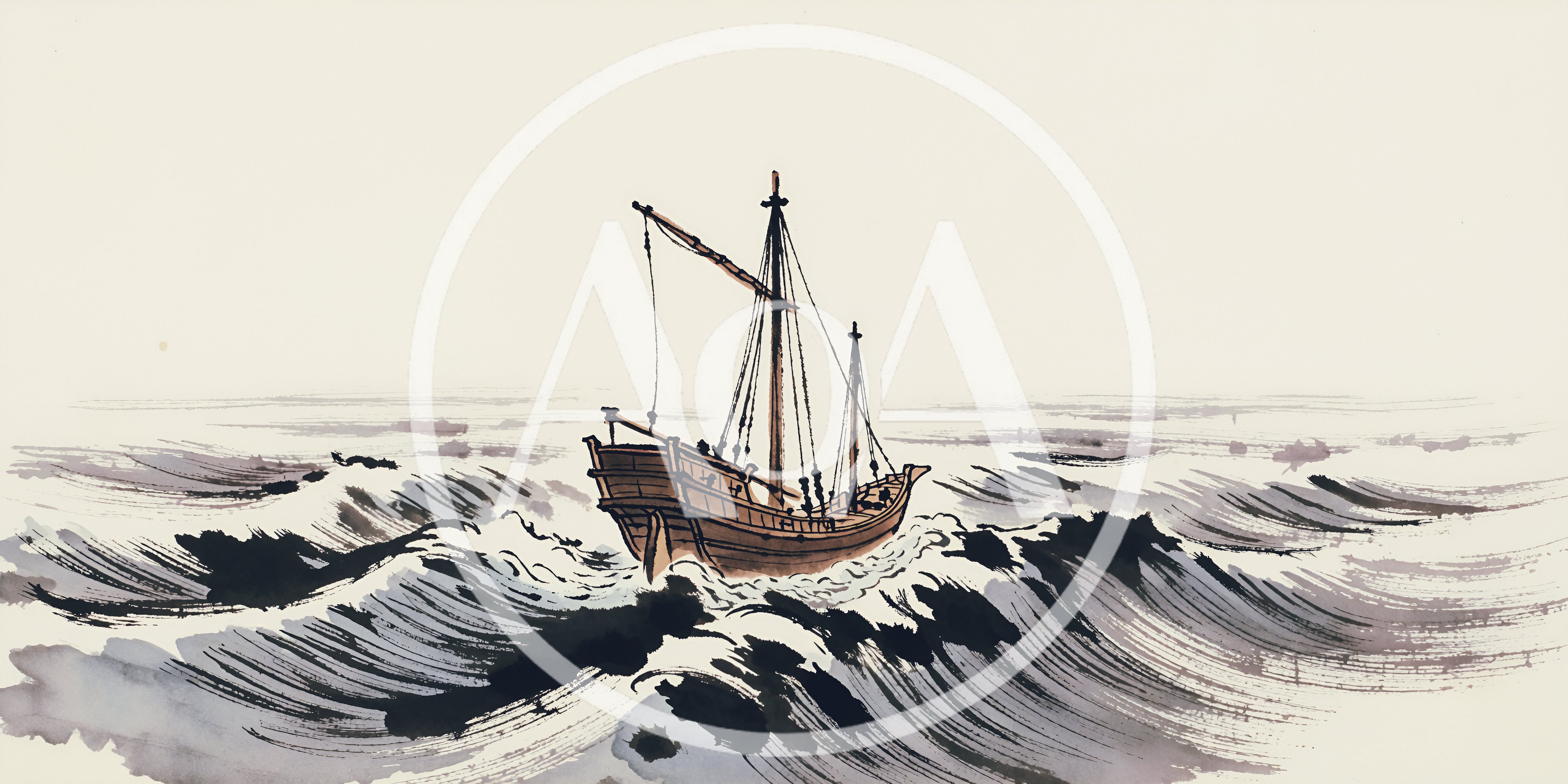 Traditional Ink Wash Painting Of A Sailing Ship