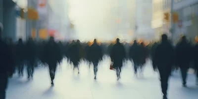 Blurred Silhouettes Of Commuters Walking On City Street