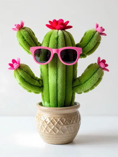 Plush Cactus Wearing Pink Sunglasses In Decorative Pot