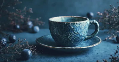 Textured Blue Ceramic Tea Cup On Matching Saucer