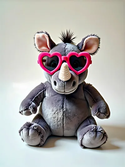 Plush Rhinoceros Toy Wearing Pink Heart Shaped Sunglasses
