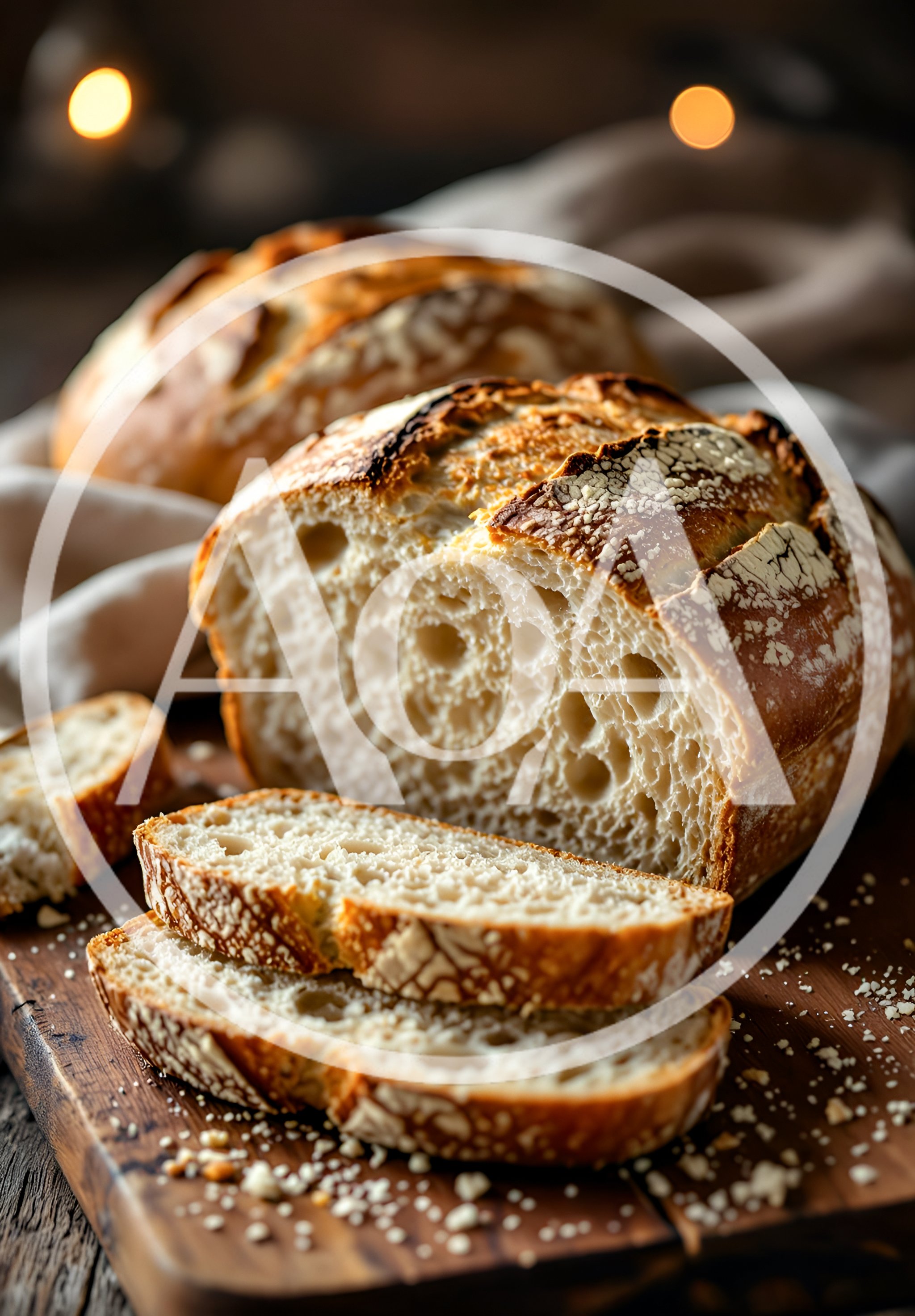 Freshly Baked Sourdough Bread Loaf On Wooden Board