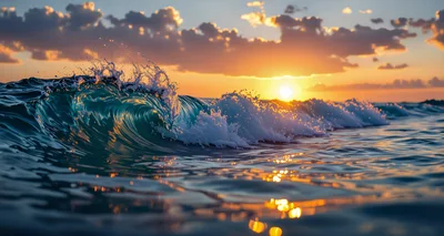 Golden Hour Ocean Wave Breaking At Sunset