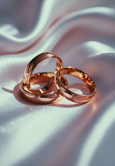 Two Elegant Gold Wedding Rings on Silky Fabric