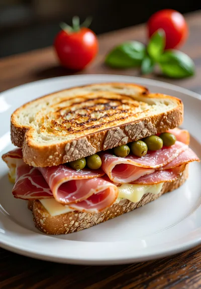 Toasted Ham and Cheese Sandwich on White Plate