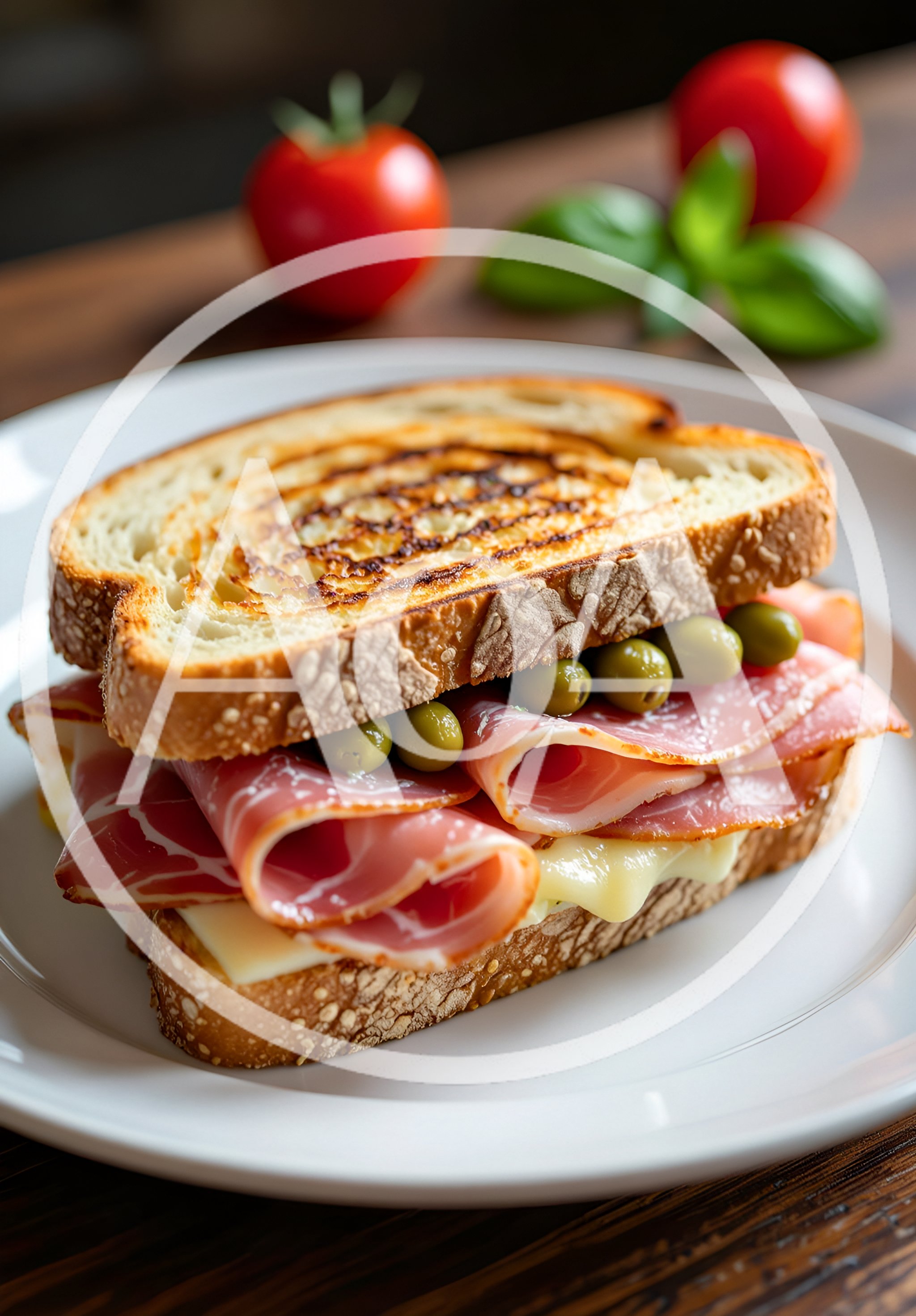 Toasted Ham and Cheese Sandwich on White Plate