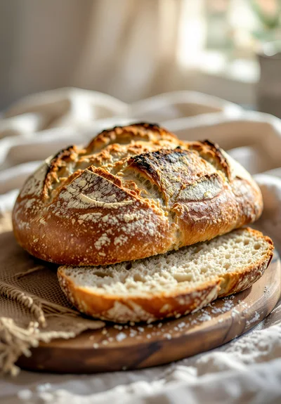 Freshly Baked Sourdough Bread Loaf On Wooden Board