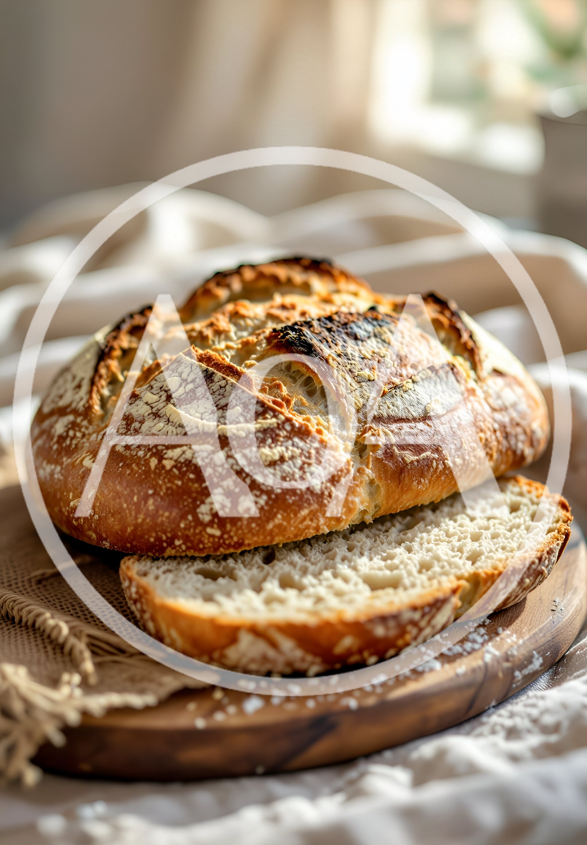 Freshly Baked Sourdough Bread Loaf On Wooden Board