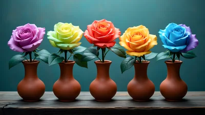 Five Colorful Roses In Clay Vases