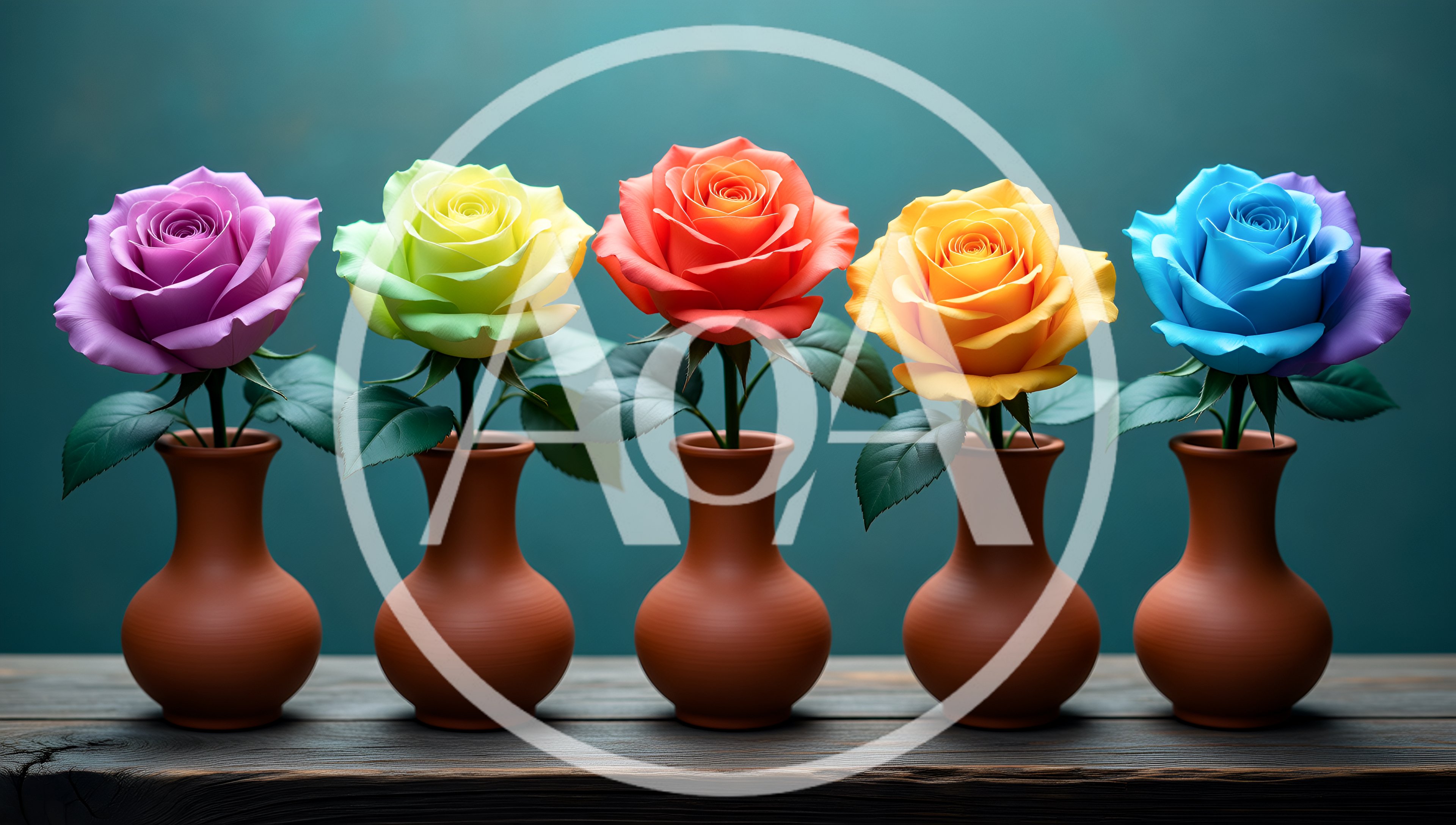 Five Colorful Roses In Clay Vases
