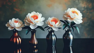 Four Peony Flowers In Metallic Vases On Reflective Surface
