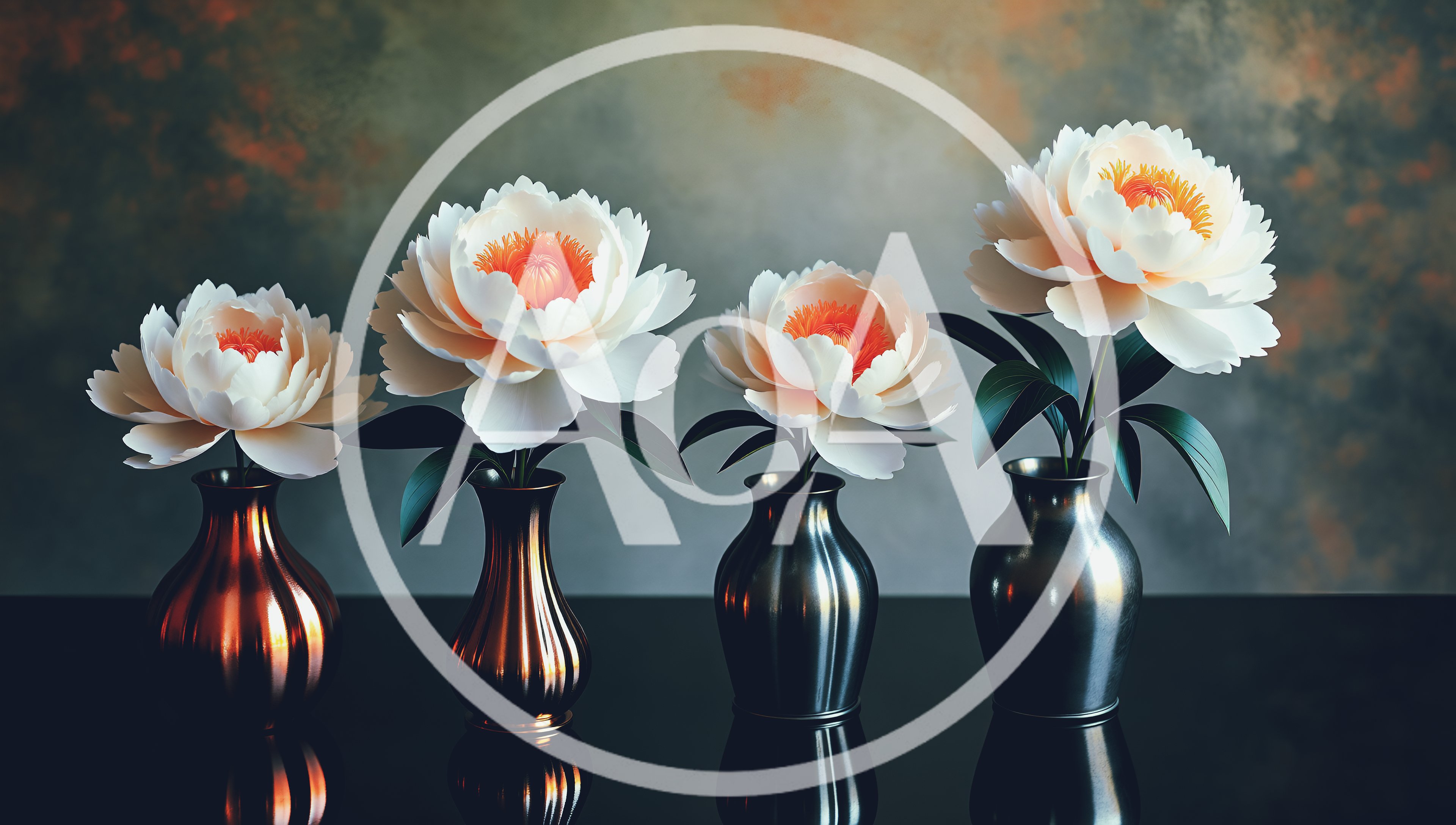 Four Peony Flowers In Metallic Vases On Reflective Surface