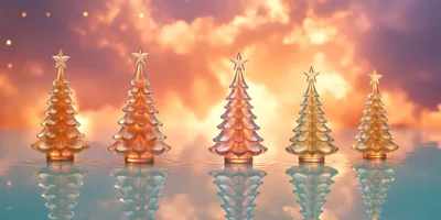 Five Glass Christmas Trees Reflecting On Water