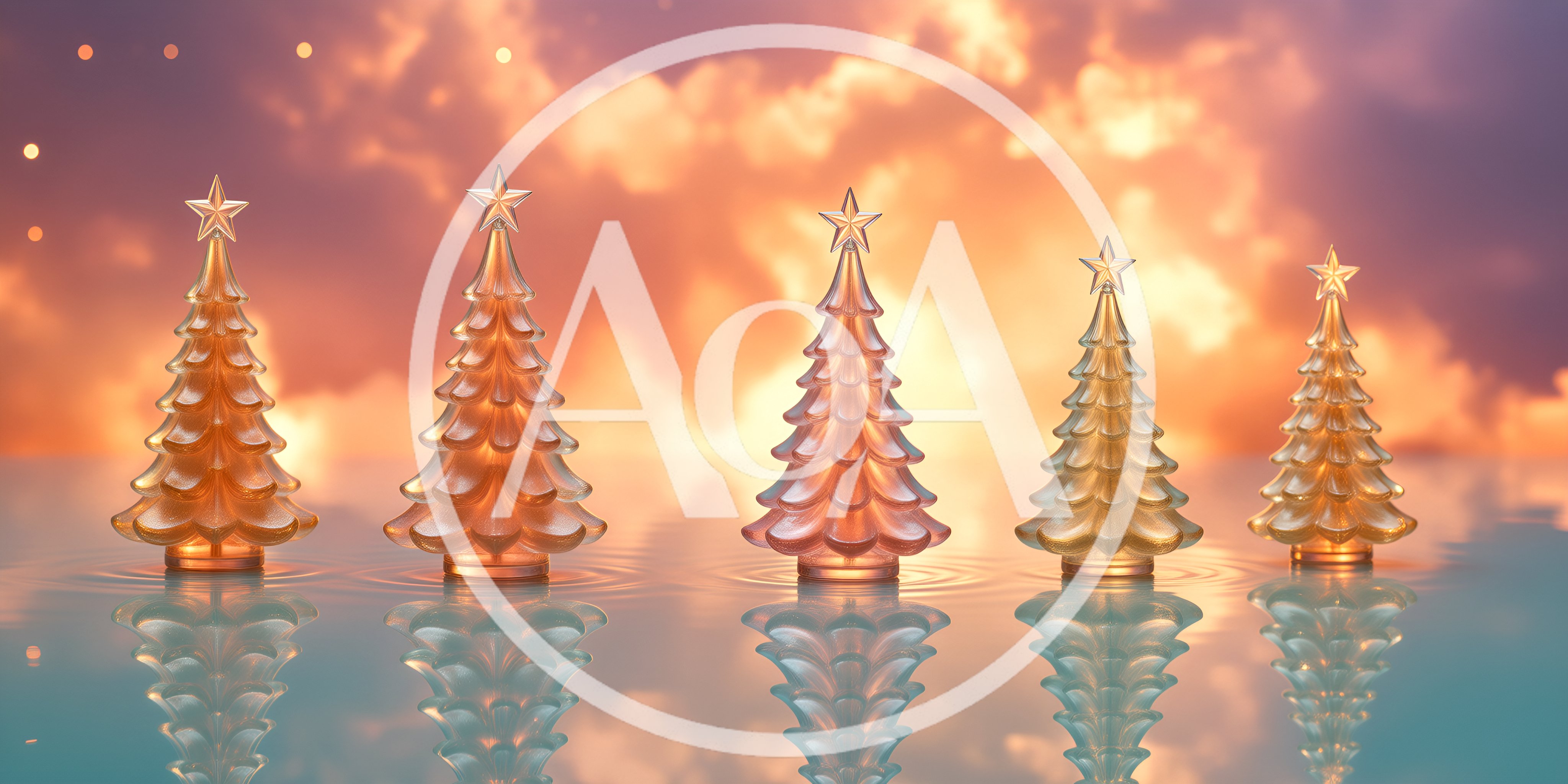 Five Glass Christmas Trees Reflecting On Water