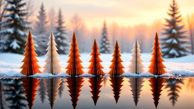 Paper Christmas Trees Reflecting In A Snowy Landscape