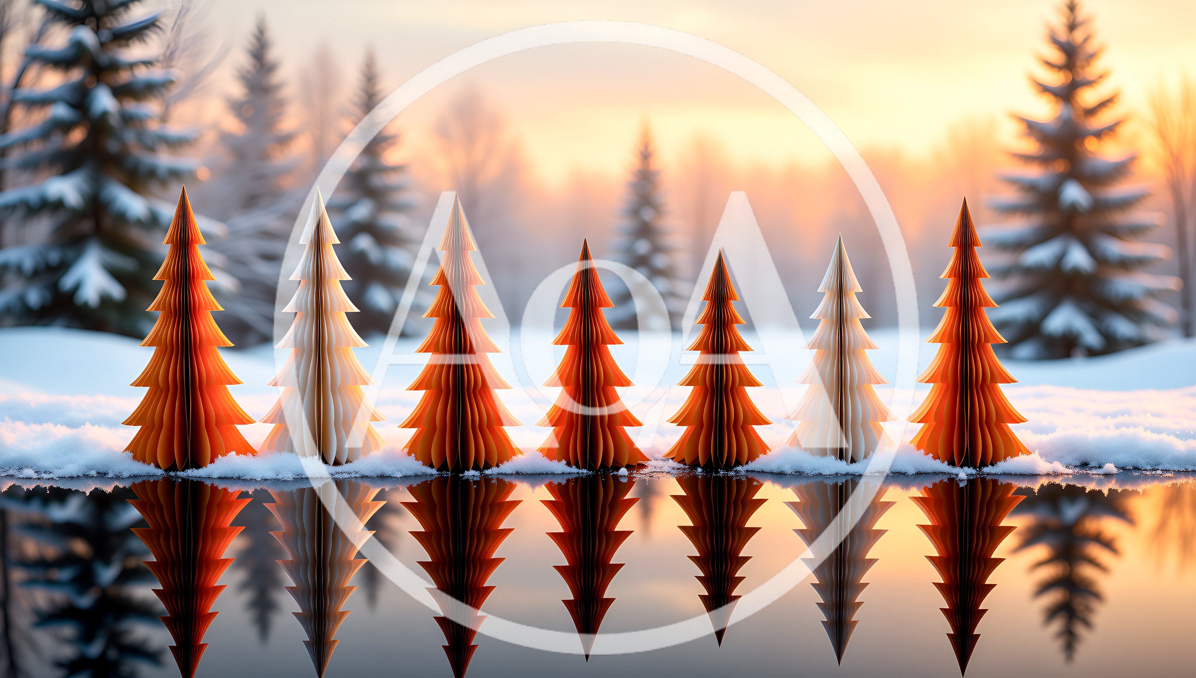 Paper Christmas Trees Reflecting In A Snowy Landscape