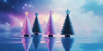 Four Stylized Christmas Trees On Reflective Water Surface