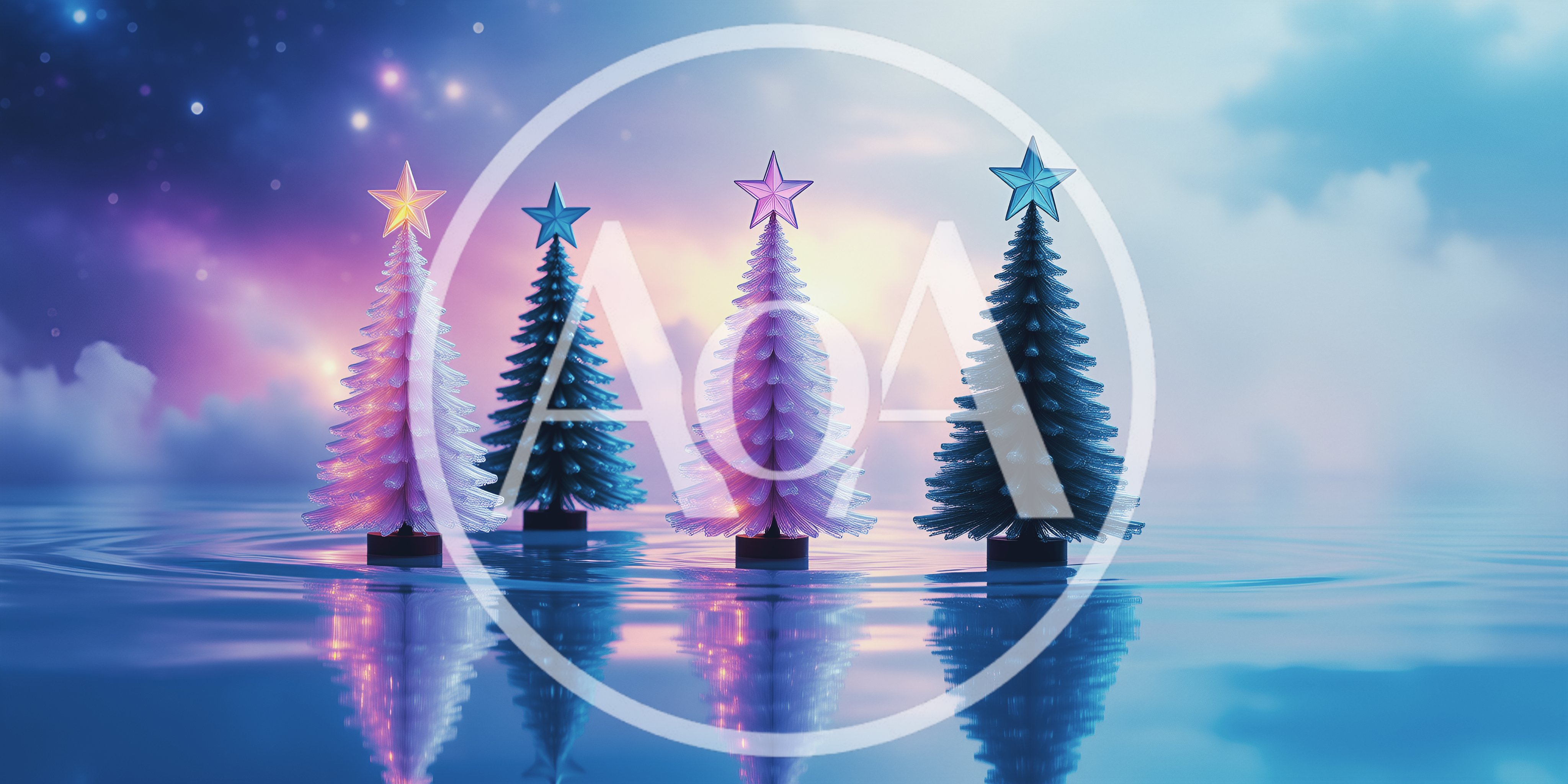 Four Stylized Christmas Trees On Reflective Water Surface