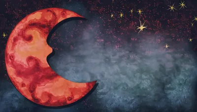 Red Crescent Moon In A Dark Starry Night Sky