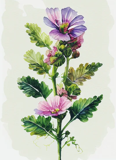 Watercolor Botanical Illustration Of A Mallow Flower