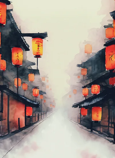 Watercolor Illustration Of A Misty Traditional Japanese Street