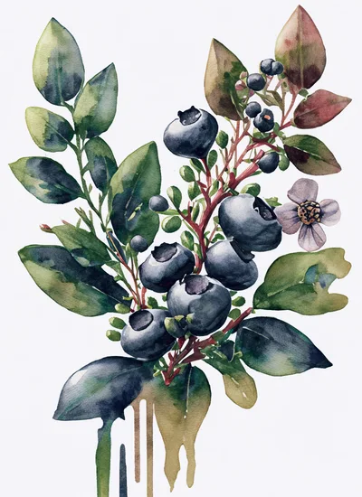 Watercolor Illustration Of Blueberry Branch With Leaves And Flower