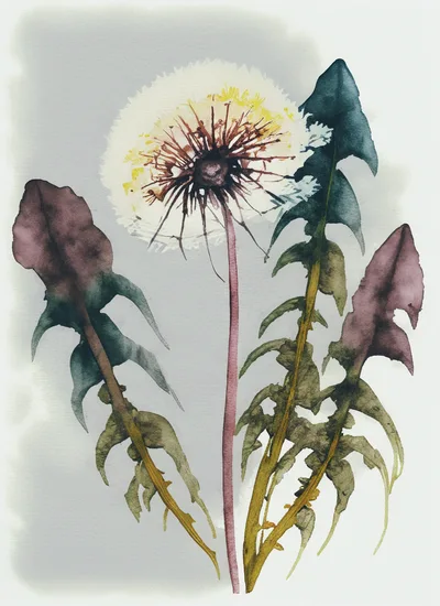 Watercolor Painting Of A Dandelion With Leaves