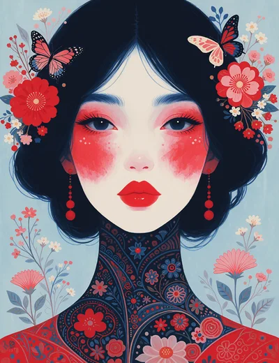 Portrait Of A Woman With Floral Tattoo And Butterflies