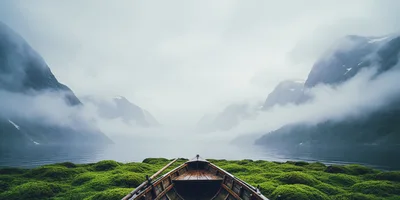 Wooden Rowboat Resting On Mossy Shoreline In Misty Fjord
