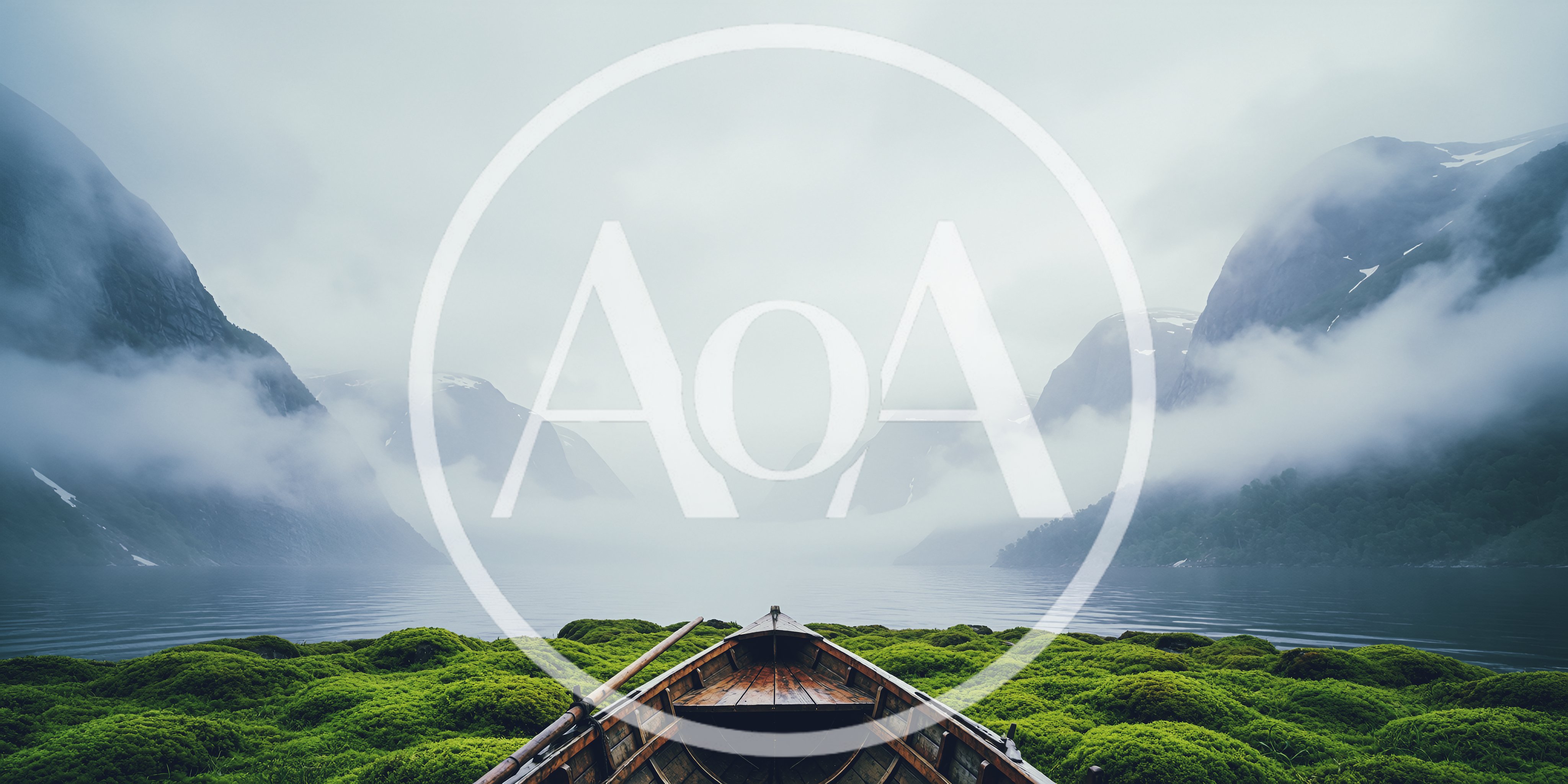 Wooden Rowboat Resting On Mossy Shoreline In Misty Fjord