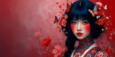 Portrait of Young Woman with Floral Makeup and Butterflies