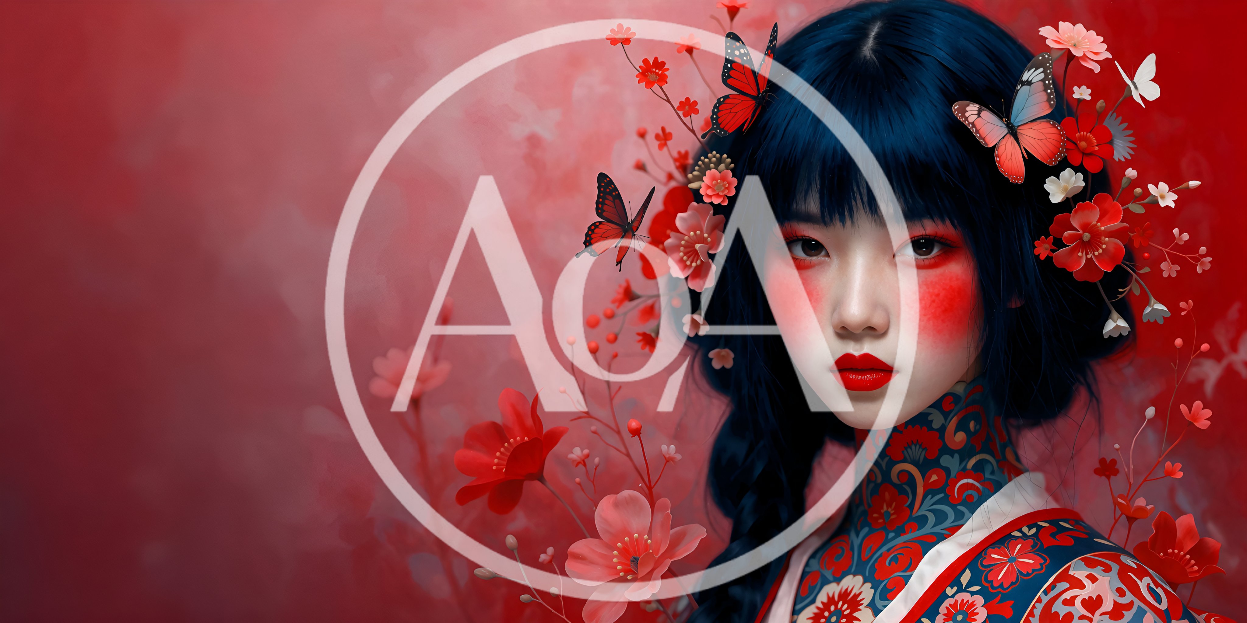 Portrait of Young Woman with Floral Makeup and Butterflies