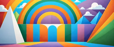Abstract Geometric Landscape With Rainbow And Pyramids