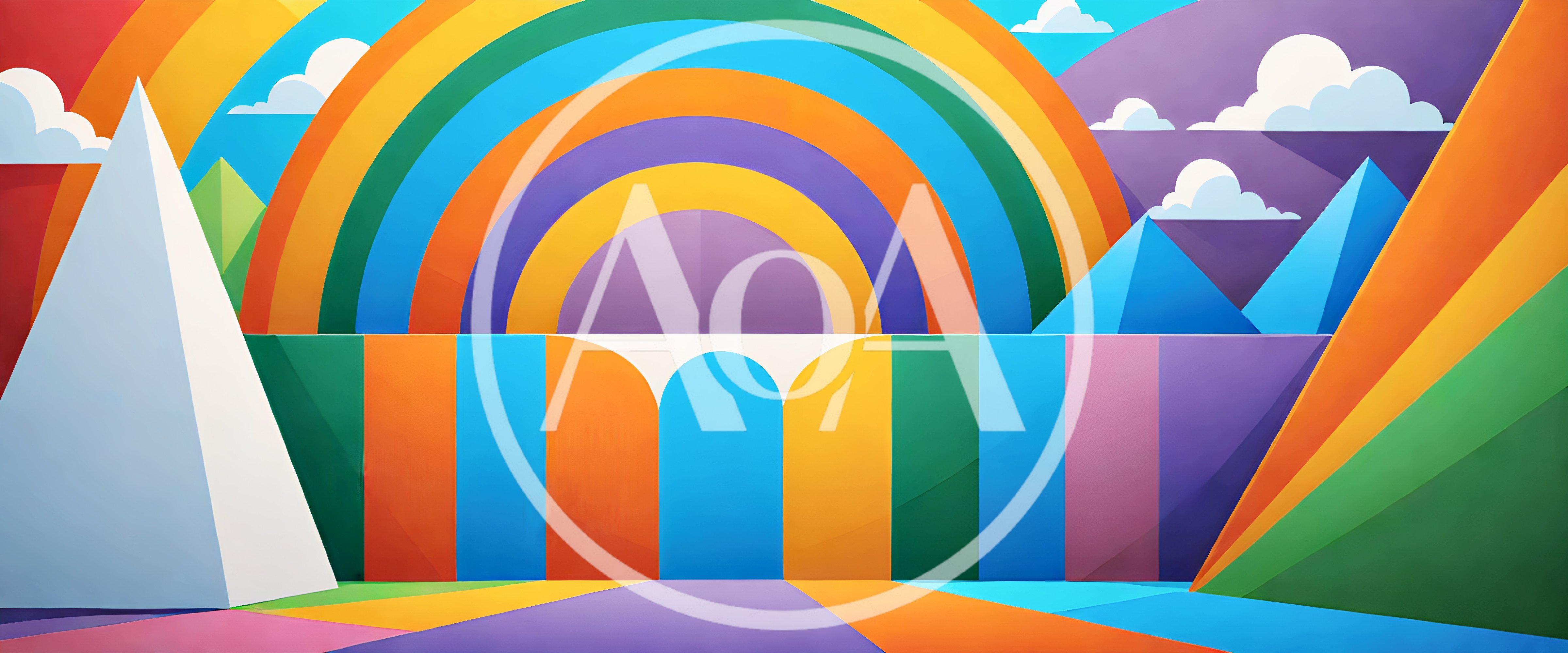 Abstract Geometric Landscape With Rainbow And Pyramids