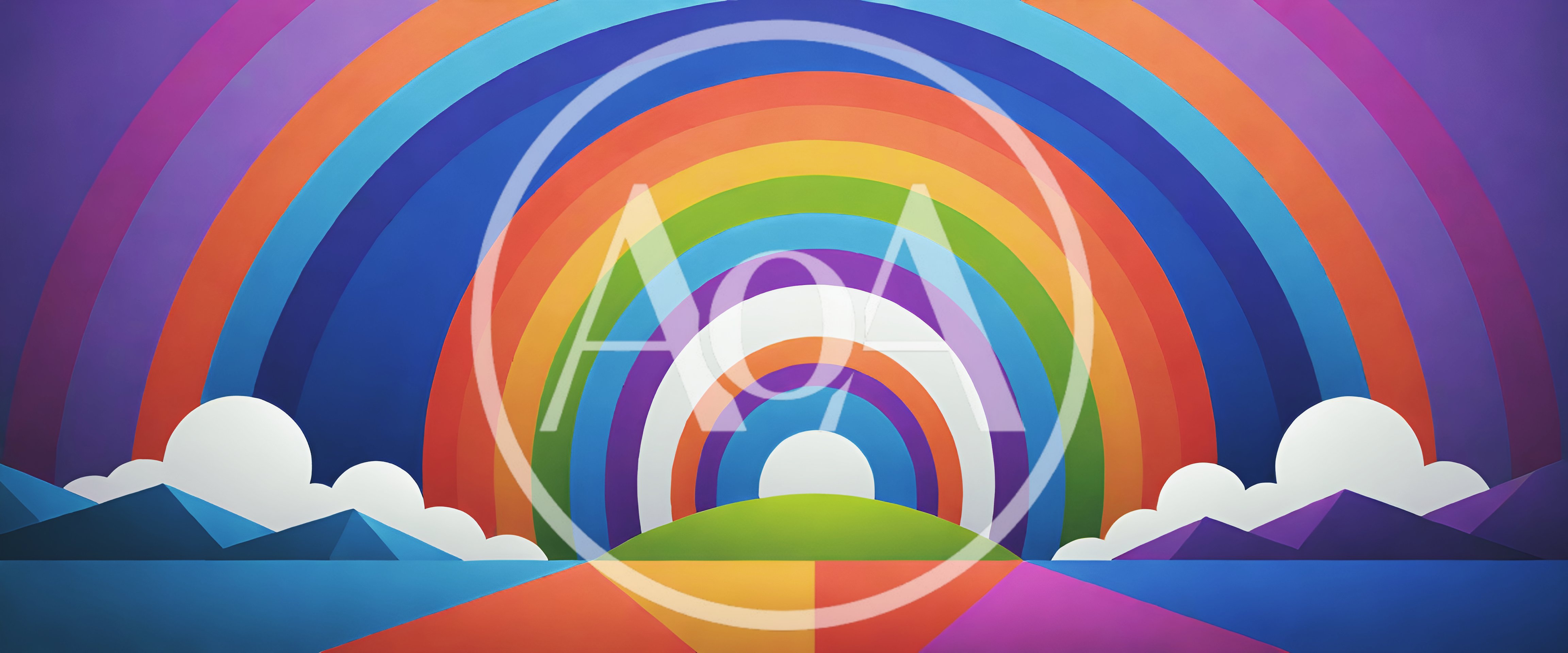 Abstract Rainbow Landscape With Geometric Mountains And Clouds
