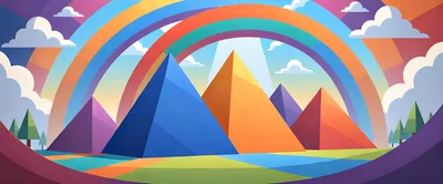 Abstract Geometric Pyramid Landscape With Vibrant Rainbow Arches
