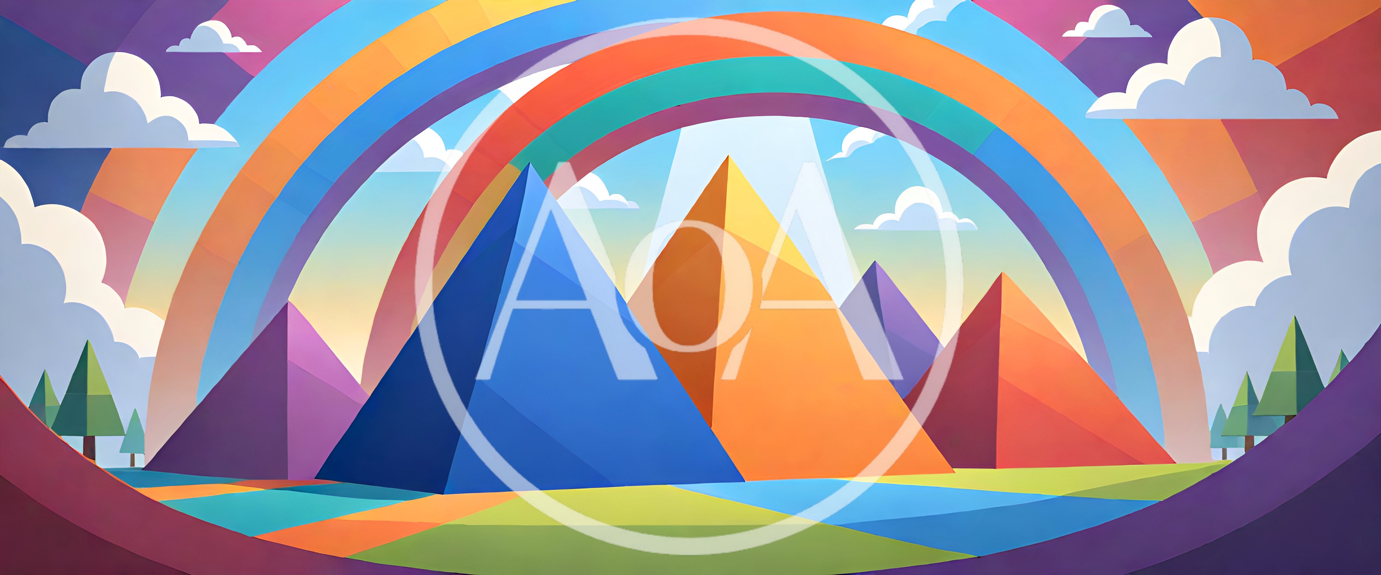 Abstract Geometric Pyramid Landscape With Vibrant Rainbow Arches