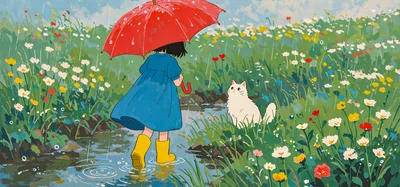 Girl With Red Umbrella And Cat In Rain
