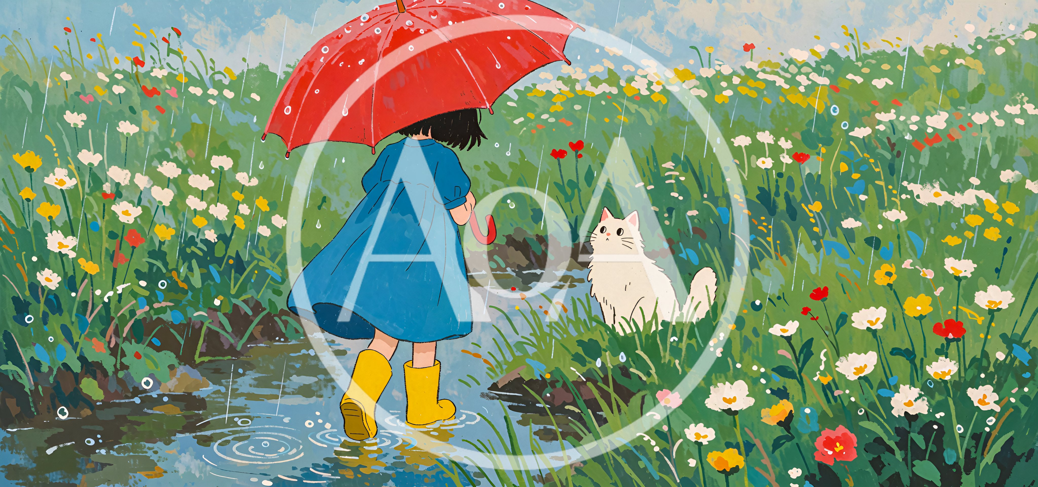 Girl With Red Umbrella And Cat In Rain