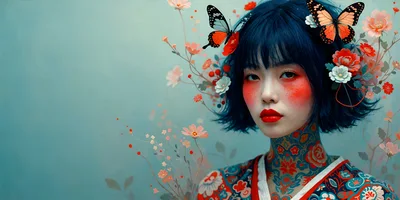 Portrait of Young Woman with Floral Tattoos and Butterflies