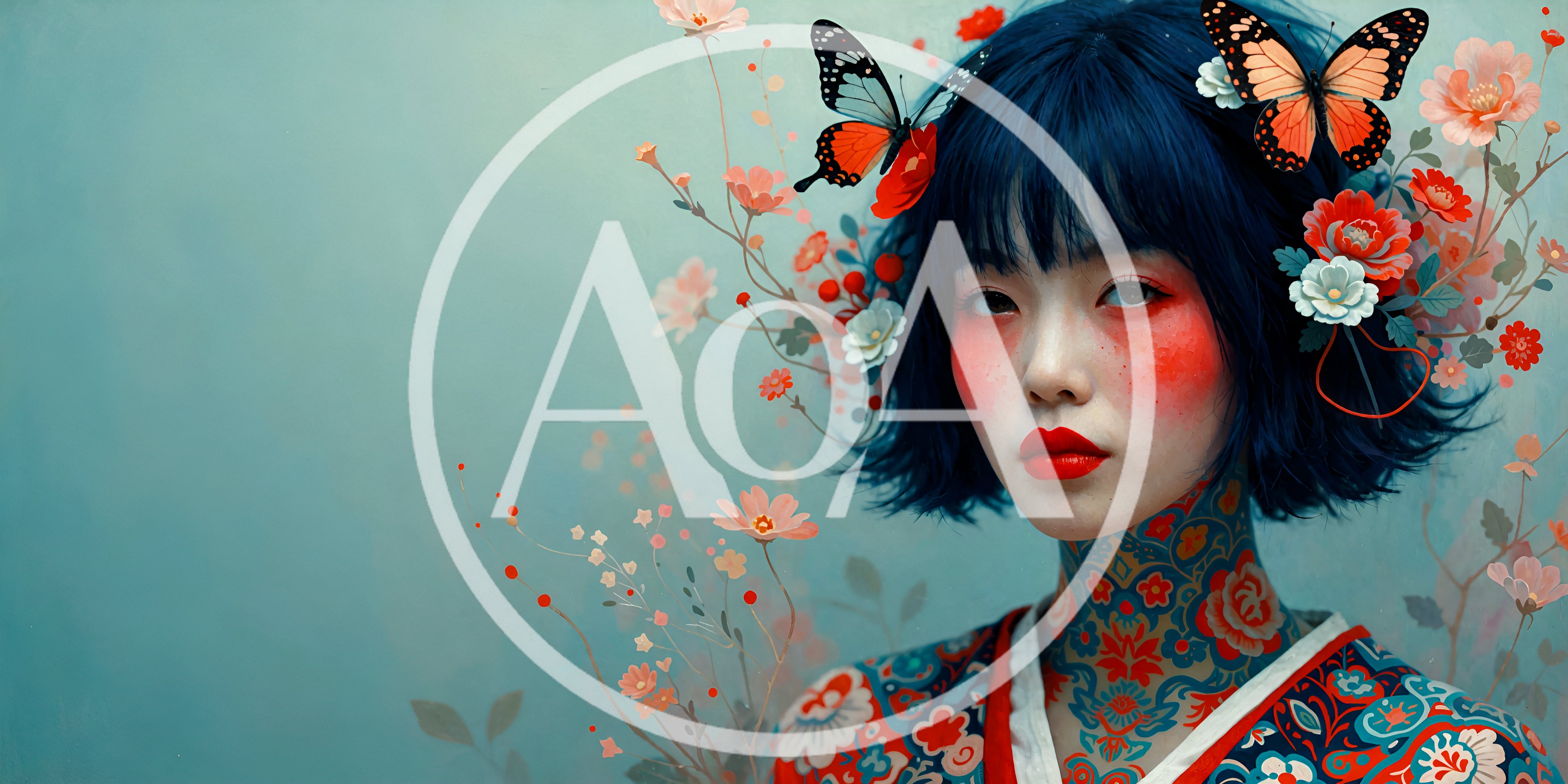 Portrait of Young Woman with Floral Tattoos and Butterflies