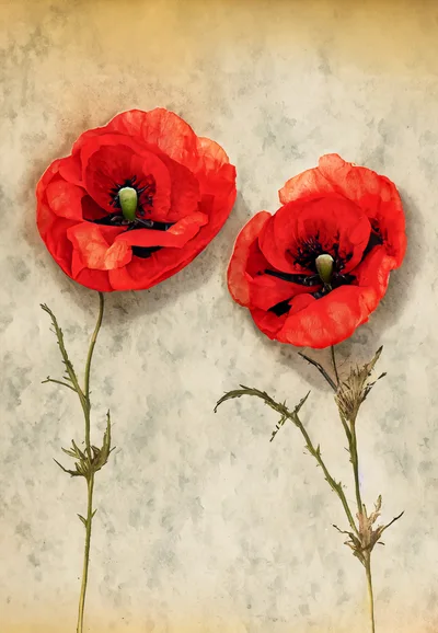 Two Vibrant Red Poppy Flowers on Textured Paper