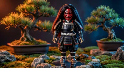 Samurai Figurine With Red Mask In Bonsai Garden