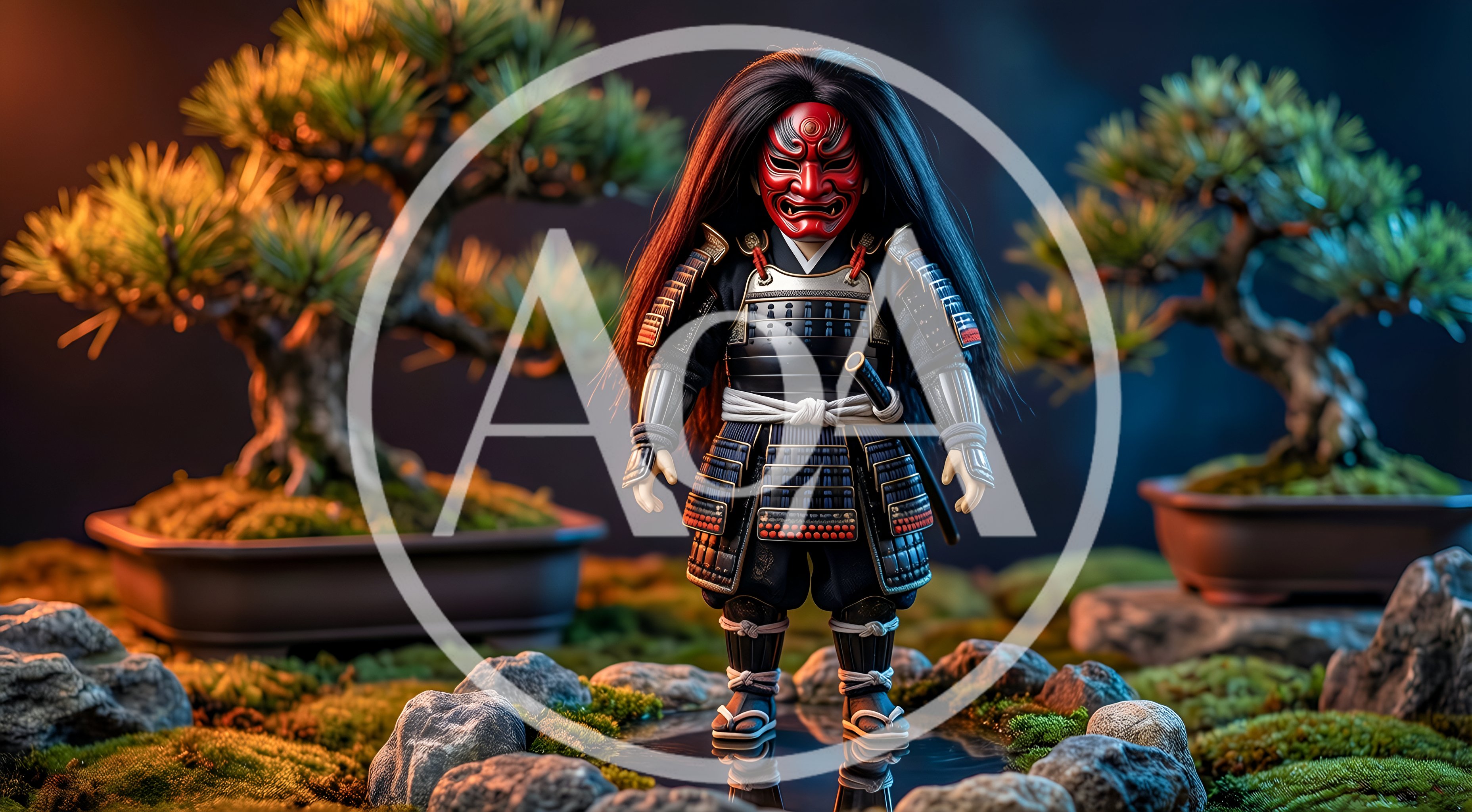 Samurai Figurine With Red Mask In Bonsai Garden